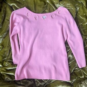 Vintage Rhinestone Joseph A Baby Pink Heart Cut Out 3/4 Sleeve Top Medium